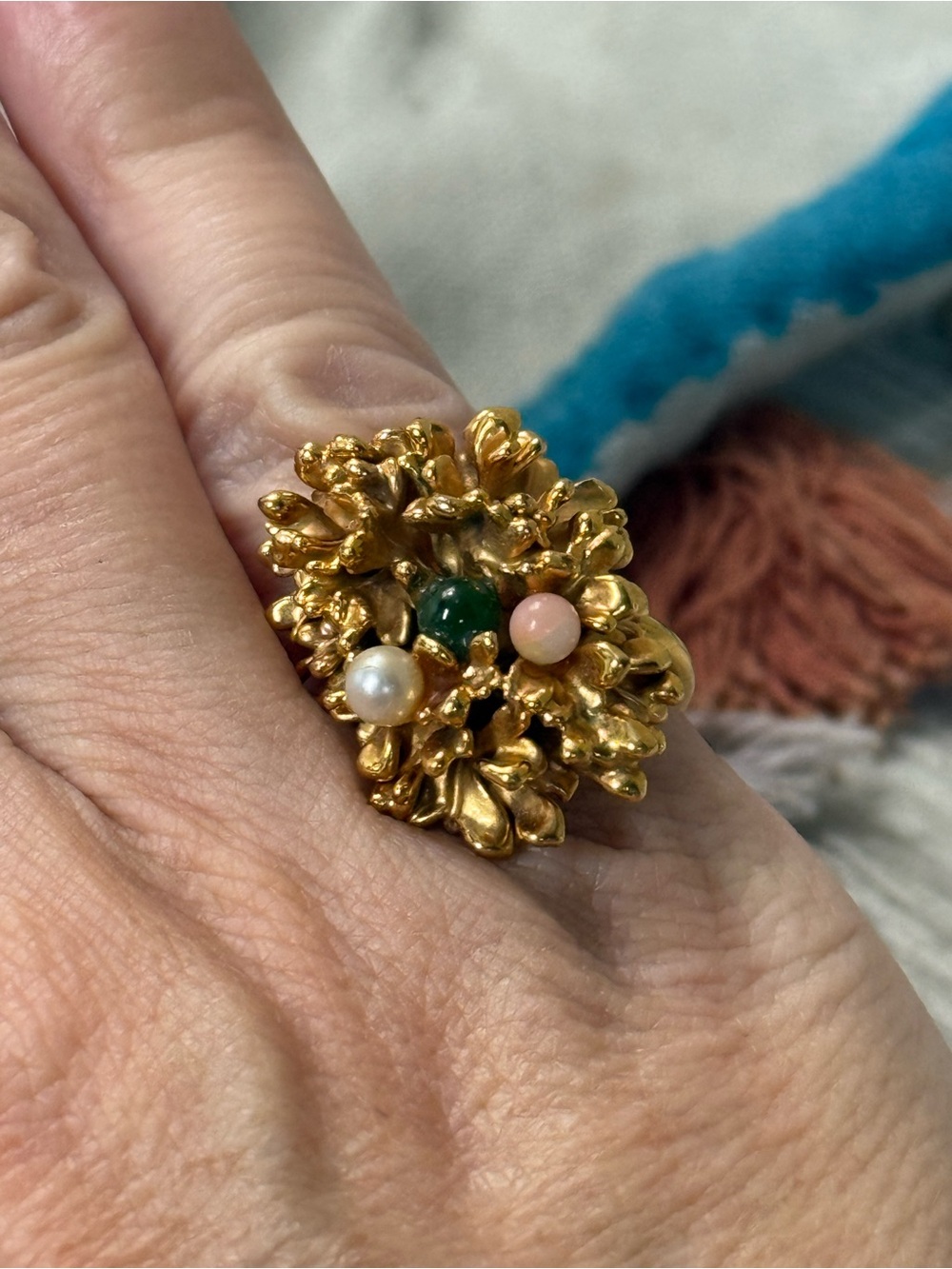 Gold Floral Cluster Ring with Green, Pink and Pearl Accents